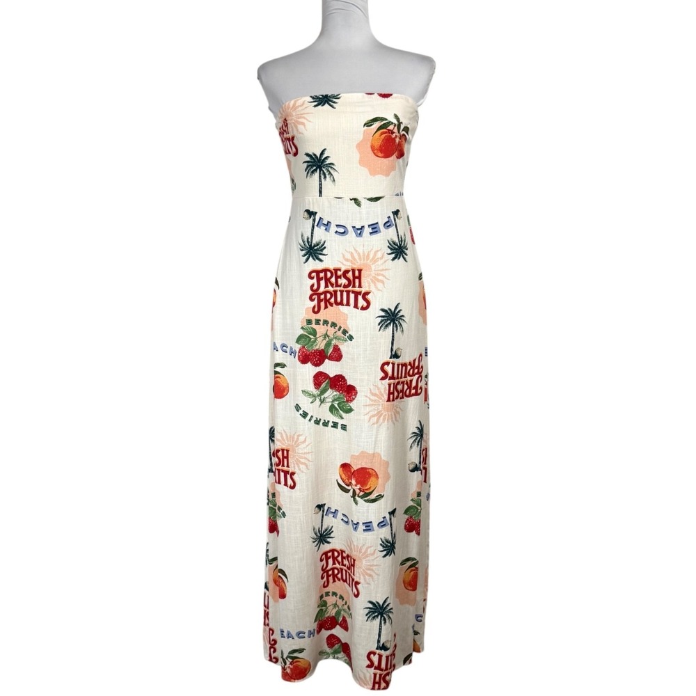 Paper Heart Fruit Print Maxi Dress Size M 6 Strapless Smocked Linen Blend Anthro